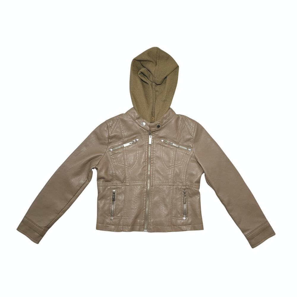 JouJou Girls Small Cropped Jacket Faux Leather Sleeves Removable Hooded Brown YS